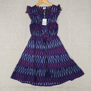 Mer St. Barth Giselle Mini‎ Dress Navy Red Silk Ikat Ruffle Tassel Size M NEW